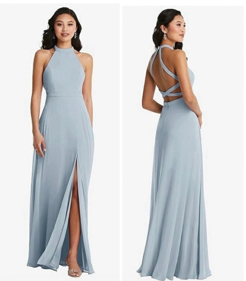 Dessy Collection Stand Collar Halter Maxi Dress Criss Cross Open-back Mist 4